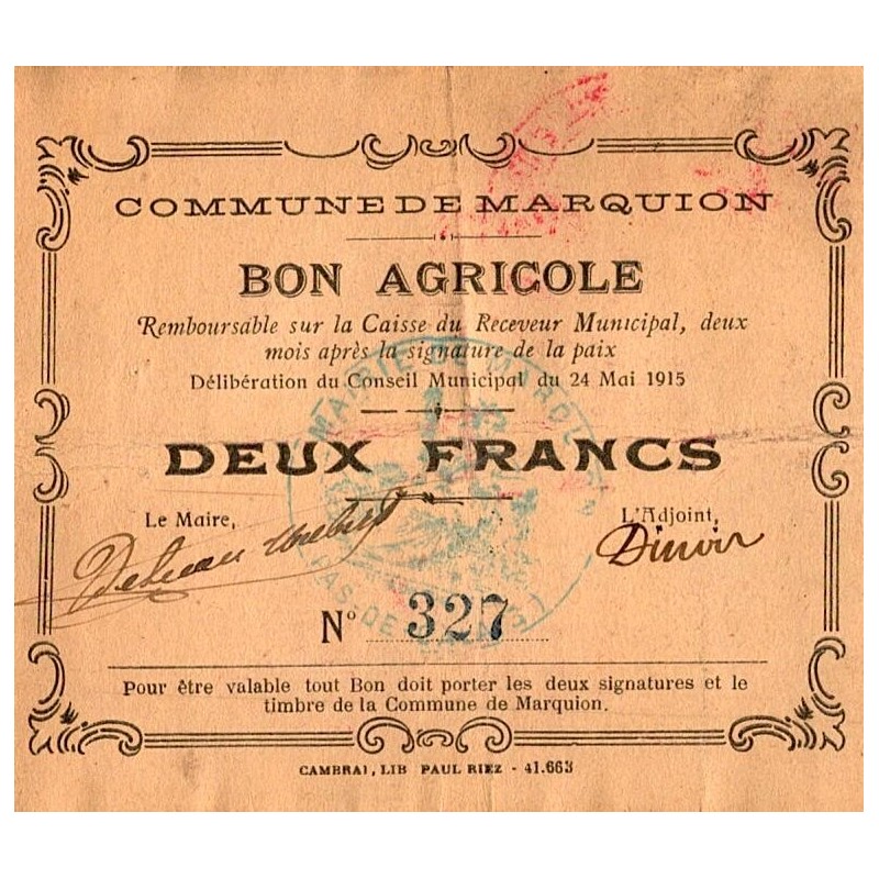 county 62 - MARQUION - 2 FRANCS  - 24/05/1915