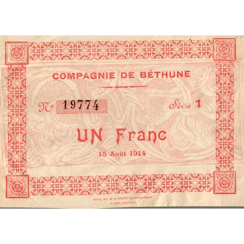 62400 - COMPAGNIE DE BETHUNE - 1 FRANC - 08/15/1914 - SERIES 1