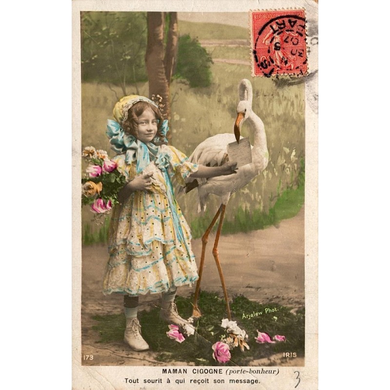 OLD POSTCARD - CHILD - MOM STORK (LUCK CHARM)