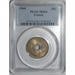 FRANKREICH - KM 867 - 25 CENTIMES .1940. - TYP LINDAUER - PCGS MS 64