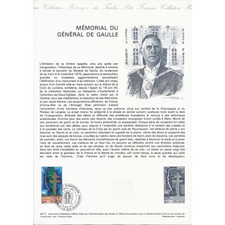 52 - COLOMBEY LES DEUX EGLISES - 75 PARIS - TIMBRE 1 FRANC - 18/06/1977 - MEMORIAL DU GENERAL DE GAULLE