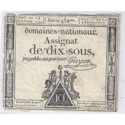 ASSIGNAT DE 10 SOUS - SERIE 452 - 24/10/1792 - DOMAINES NATIONAUX