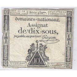 ASSIGNAT OF 10 SOUS - SERIE  452 - 24/10/1792 - NATIONAL DOMAINS