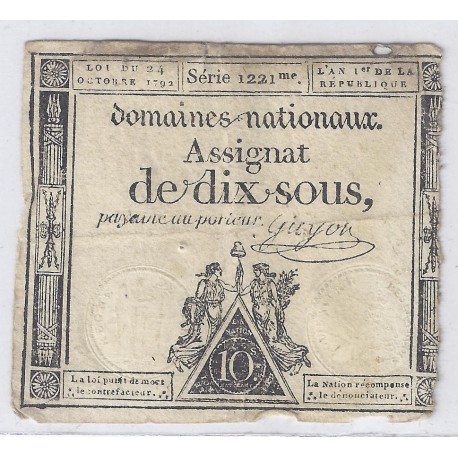 ASSIGNAT OF 10 SOUS - SERIE  1221 - 24/10/1792 - NATIONAL DOMAINS