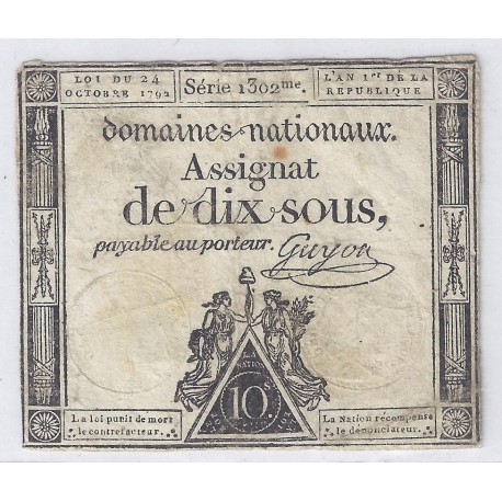 ASSIGNAT OF 10 SOUS - SERIE  1302 - 24/10/1792 - NATIONAL DOMAINS