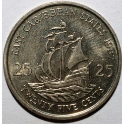 CARAIBES ORIENTALES - KM 14 - 25 CENTS 1987 - ELISABETH II - BATEAU - LE GOLDEN HIND