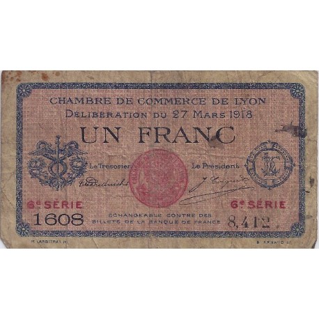 69 - LYON - CHAMBRE DE COMMERCE - 1 FRANC 1918 - TRES BEAU