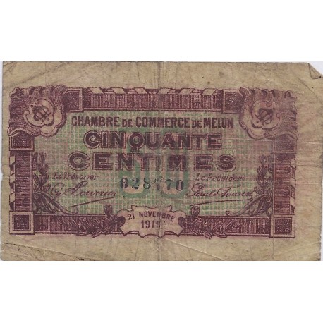 77 - MELUN - CHAMBRES DE COMMERCE - 50 CENTIMES 1919 - TRES BEAU