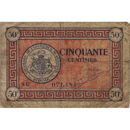 80 - PERONNE - CHAMBRE DE COMMERCE - 50 CENTIMES - 27/07/1920 - TRES BEAU