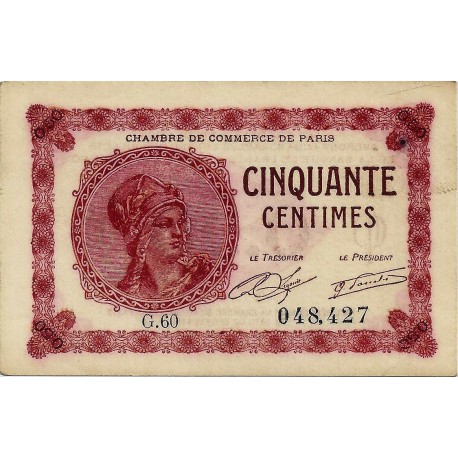 COUNTY 75 - PARIS - CHAMBER OF COMMERCE - 50 CENTIMES 1920