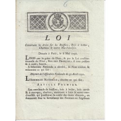 LOUIS XVI ET DU PORT - LOI DU 8 MAI 1791 - CONCERNANT LES BOISSONS, BOIS CHARBONS ET AUTRES - TEXTE ET SIGNATURES MANUSCRITES