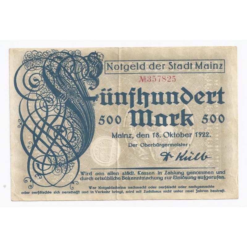 GERMANY NOTGELD DER STADT MAINZ - 500 MARK - 18.10.1922 - VF/XF