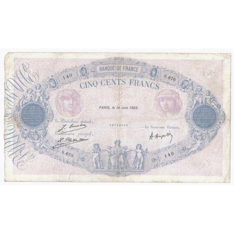 FAY 30/26 - 500 FRANCS BLEU ET ROSE - 14/06/1922 - BEAU - PICK 66