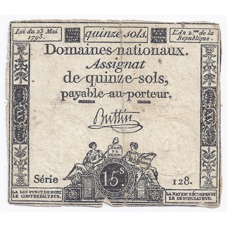 ASSIGNAT DE 15 SOLS - SERIE 128 - 23/05/1793