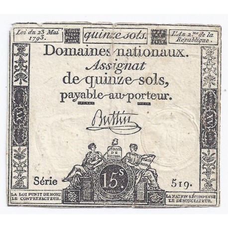 ASSIGNAT OF 15 SOLS - SERIE 519 - 23/05/1793