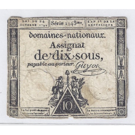 ASSIGNAT OF 10 SOUS - SERIE 1143 - 24/10/1792 - NATIONAL DOMAINS