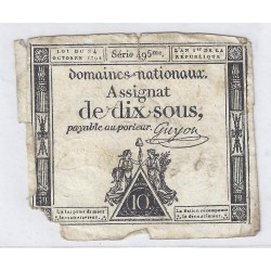 ASSIGNAT DE 10 SOUS - SERIE 495 - 24/10/1792 - DOMAINES NATIONAUX