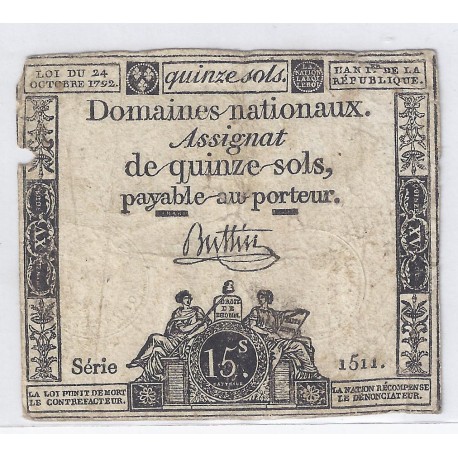 ASSIGNAT ÜBER 15 SOLS - SERIE 1514 - 24/10/1792