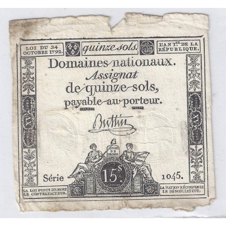 ASSIGNAT OF 15 SOLS - SERIE 1045 - 24/10/1792