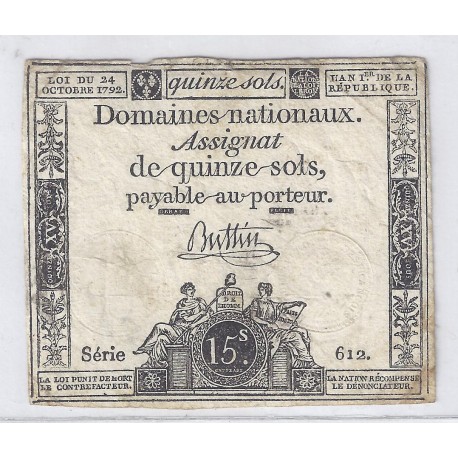 ASSIGNAT DE 15 SOLS - SERIE 612 - 24/10/1792