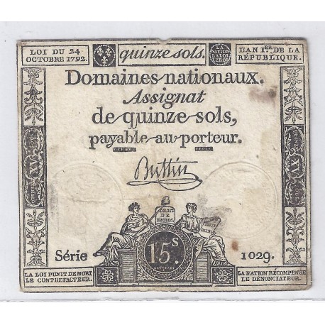 ASSIGNAT ÜBER 15 SOLS - SERIE 1029 - 24/10/1792