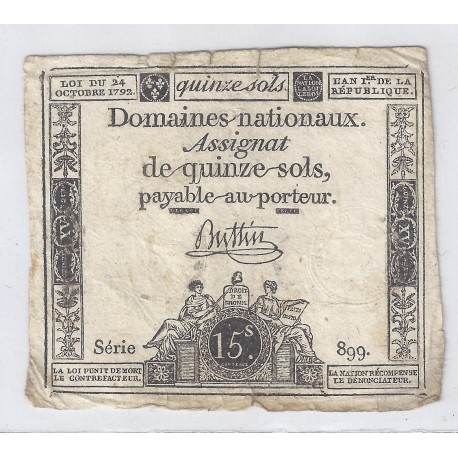 ASSIGNAT ÜBER 15 SOLS - SERIE 899 - 24/10/1792