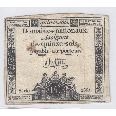 ASSIGNAT DE 15 SOLS - SERIE 1662 - 24/10/1792