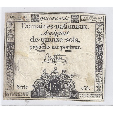 ASSIGNAT DE 15 SOLS - SERIE 758 - 24/10/1792