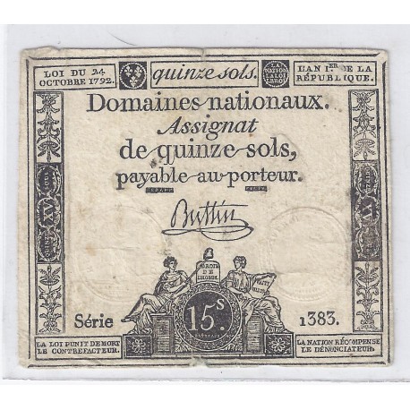 ASSIGNAT OF 15 SOLS - SERIE 1383 - 24/10/1792