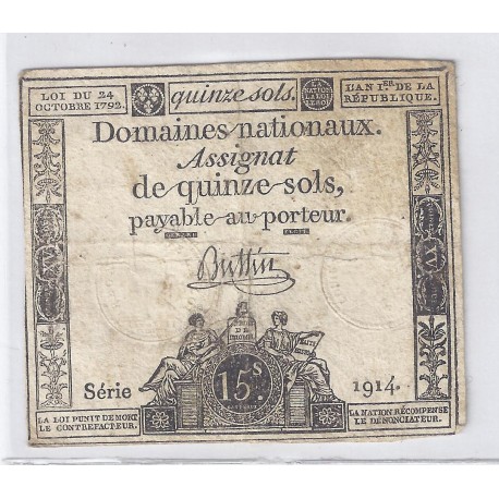 ASSIGNAT DE 15 SOLS - SERIE 1914 - 24/10/1792