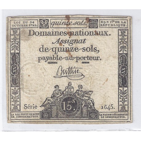 ASSIGNAT ÜBER 15 SOLS - SERIE 1645 - 24/10/1792