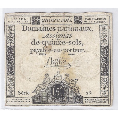 ASSIGNAT ÜBER 15 SOLS - SERIE 26 - 04/01/1792