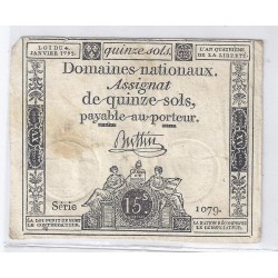 ASSIGNAT OF 15 SOLS - SERIE 1079 - 04/01/1792