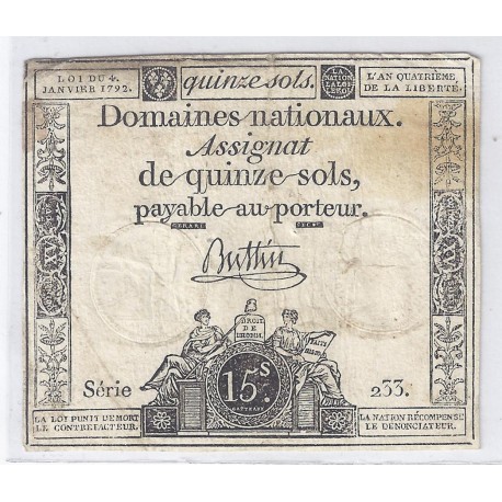 ASSIGNAT OF 15 SOLS - SERIE 233 - 04/01/1792