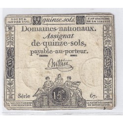 ASSIGNAT OF 15 SOLS - SERIE 67 - 04/01/1792