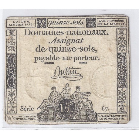 ASSIGNAT ÜBER 15 SOLS - SERIE 67 - 04/01/1792