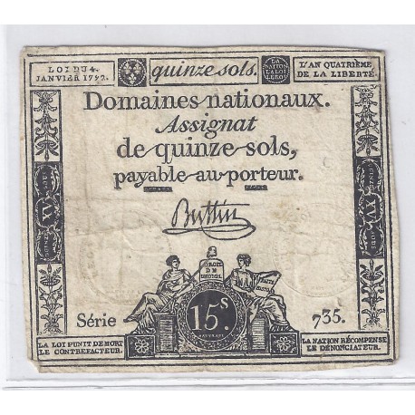 ASSIGNAT ÜBER 15 SOLS - SERIE 735 - 04/01/1792