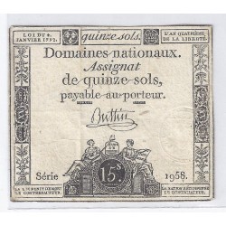 ASSIGNAT OF 15 SOLS - SERIE 1958 - 04/01/1792
