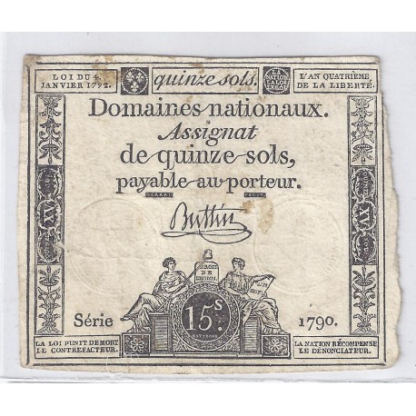 ASSIGNAT ÜBER 15 SOLS - SERIE 1790 - 04/01/1792