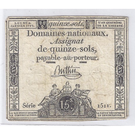 ASSIGNAT DE 15 SOLS - SERIE 1511 - 04/01/1792