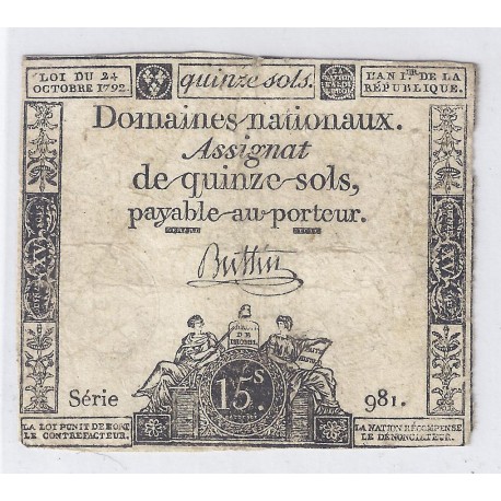 ASSIGNAT OF 15 SOLS - SERIE 981 - 24/10/1792