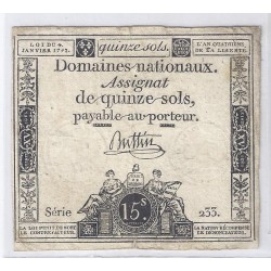 ASSIGNAT DE 15 SOLS - SERIE 955 - 04/01/1792