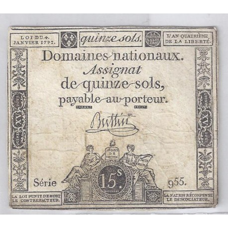 ASSIGNAT OF 15 SOLS - SERIE 233 - 04/01/1792