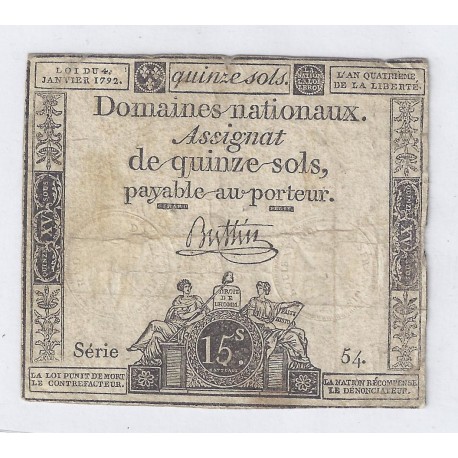 ASSIGNAT DE 15 SOLS - SERIE 54 - 04/01/1792