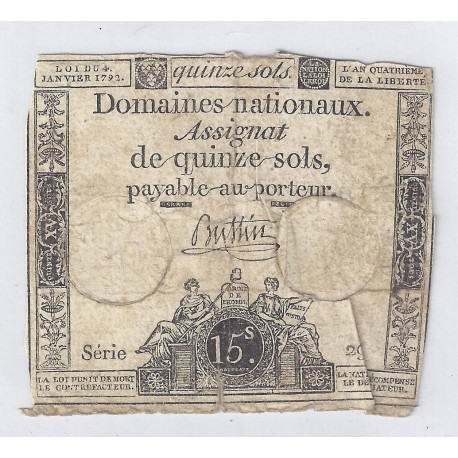 ASSIGNAT OF 15 SOLS - SERIE 29 - 04/01/1792