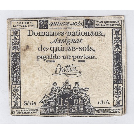 ASSIGNAT ÜBER 15 SOLS - SERIE 1816 - 04/01/1792