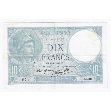 FAY 07/29 - 10 FRANCS MINERVE - 19/06/1941 - TRES TRES BEAU + - PICK 84