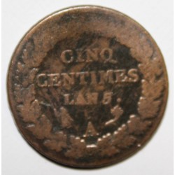 GADOURY 126 - 5 CENTIMES 1796 AN 5 A Paris TYPE DUPRE - FRAPPE AU REVERS DECALEE - KM 640.1