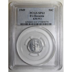 FRENCH ESTABLISHMENTS IN OCEANIA - KM PE1 - 50 CENTIMES 1949 - TRIAL PIEFORT COIN - 104 ex. - PCGS SP 63