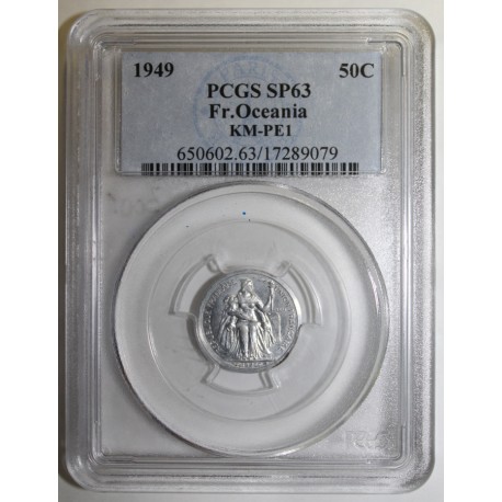 FRANZÖSISCHES ÜBERSEEGEBIET IN POLYNESIEN - KM PE1 - 50 CENTIMES 1949 - PROBE DICKABSCHLAG MÜNZE - 104 ex. - PCGS SP 63